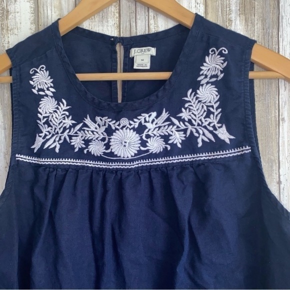J. Crew Linen Blend Navy Embroidered Neck Sleeveless Blouse - Picture 3 of 5